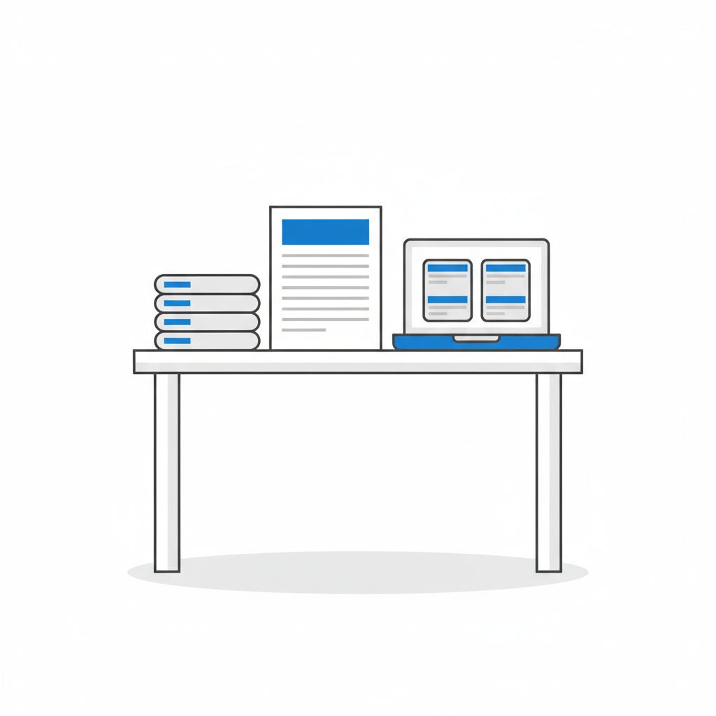 Minimalist vector showing stack of service invoices and a printed vehicle history report next to a laptop listing page for bmw i8 for sale