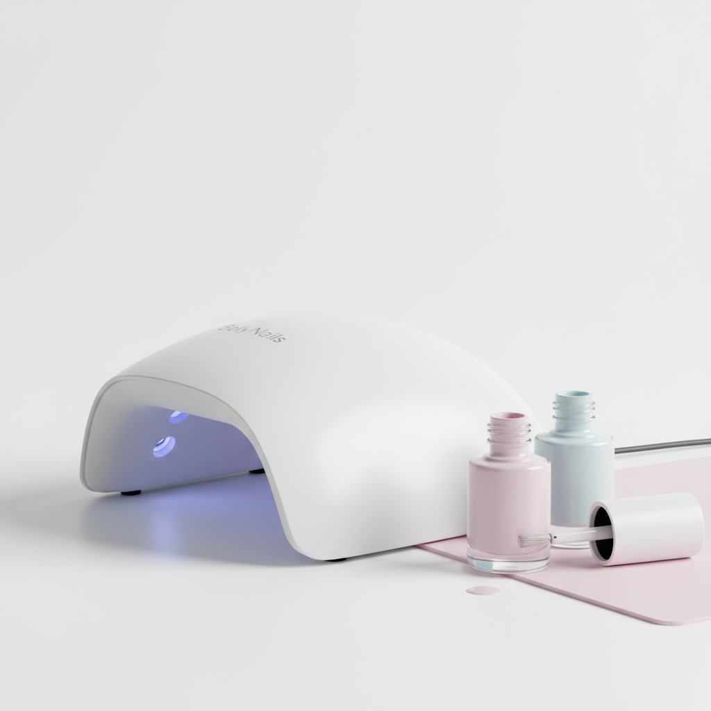 Nahaufnahme GellyNails Starter Kit: matte weiße UV-Lampe, offene Fläschchen mit leicht glänzendem Pastell-Gel und ein Pinsel vor weißem Hintergrund, minimalistisch und clean