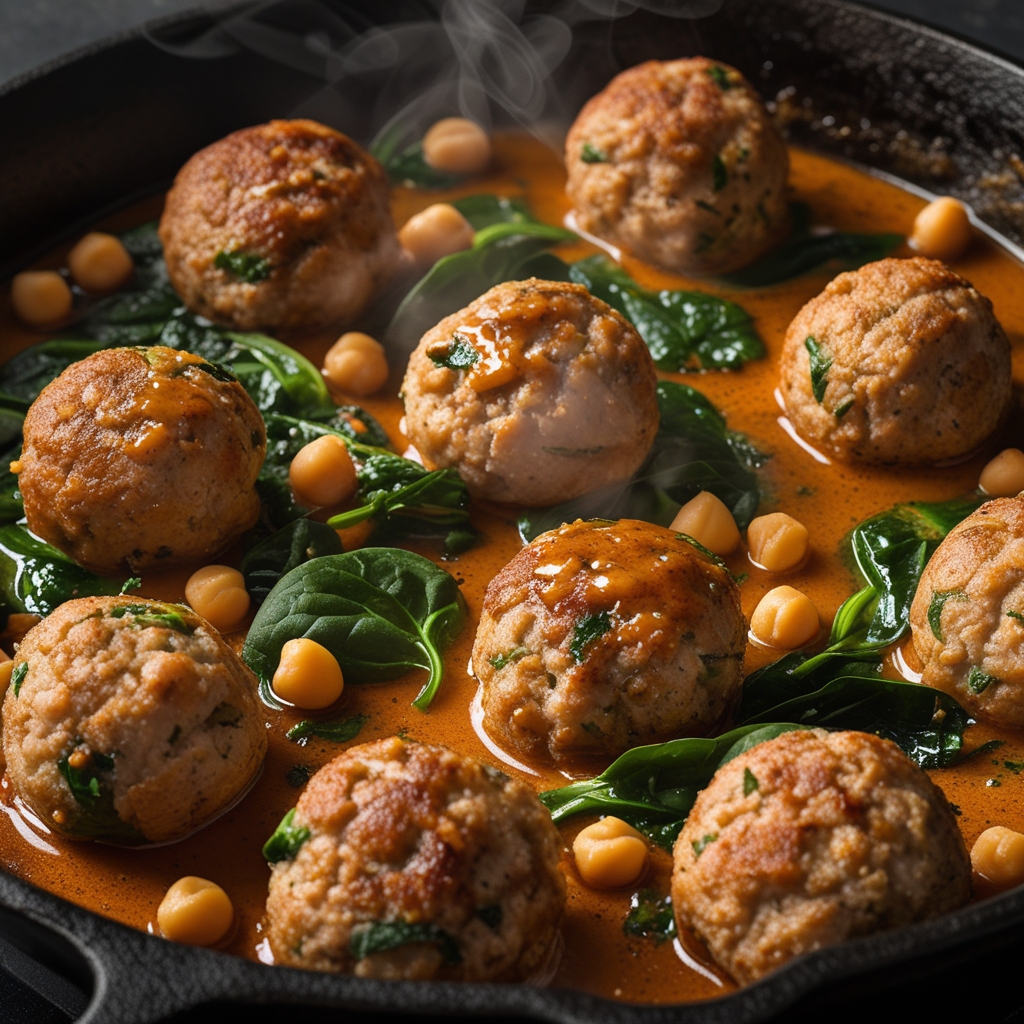 Final Spiced Moroccan Turkey Meatballs with Harissa Yogurt & Chickpea Skillet