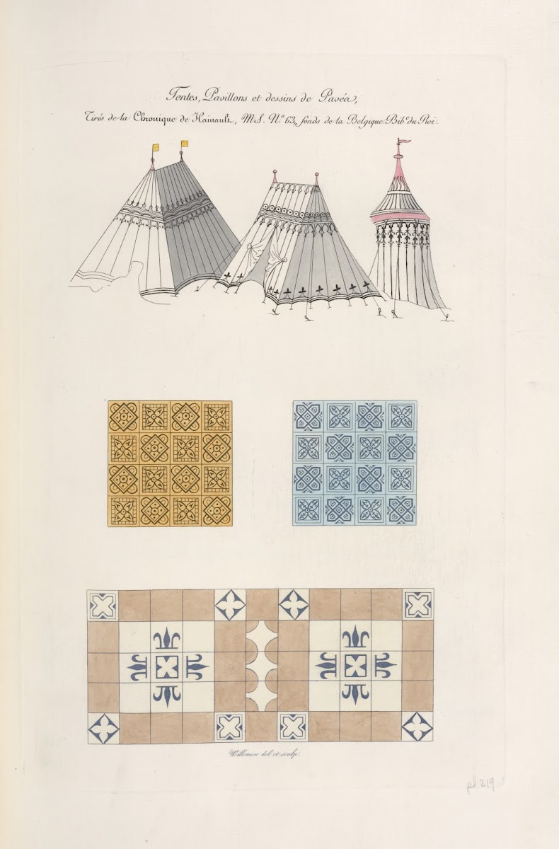 Tentes pavillons et dessins de pavés tirés de la chronique de Hainault MS no 63