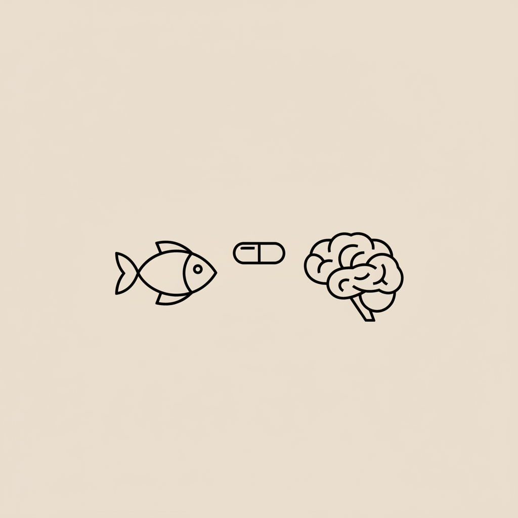 Minimal line illustration of a fish, capsule and brain arranged in a gentle arc representing omega-3 for the brain on a flat beige background #F2E5D5.