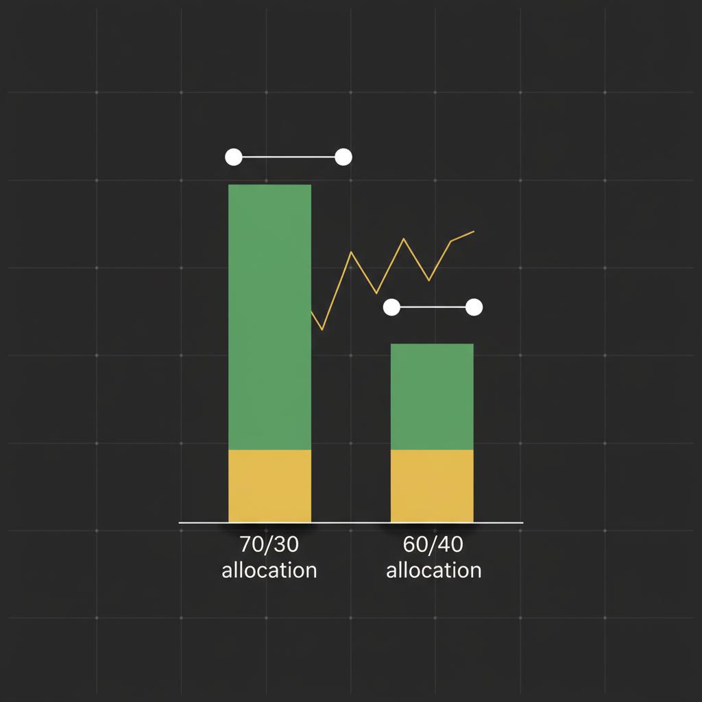 Minimal flat vector comparison chart showing risk and return tradeoff between 70 30 and 60 40 allocations on dark background using green gold and white accents how to start an etf