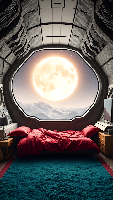 Futuristic Bedroom with Red Bed and Giant Moon View