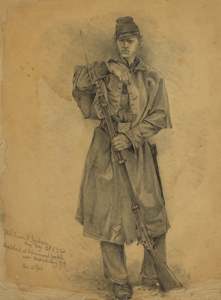 Study of infantry soldier on guardWilliam J Jackson Sergt Maj 12th NY Vols 1863