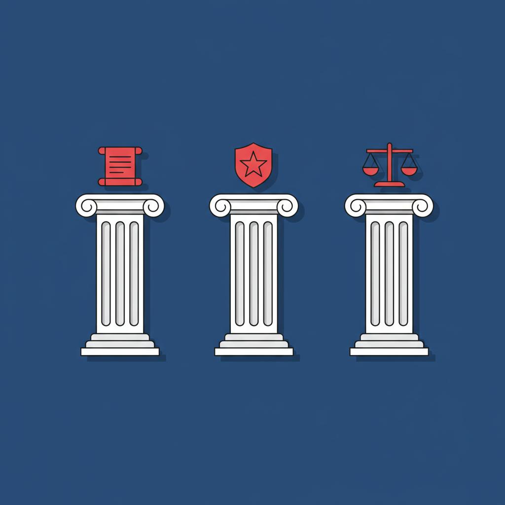Minimalist 2D vector illustration of three white classical pillars with red icons for legislative executive and judicial branches on a deep blue background for a constitutional republic