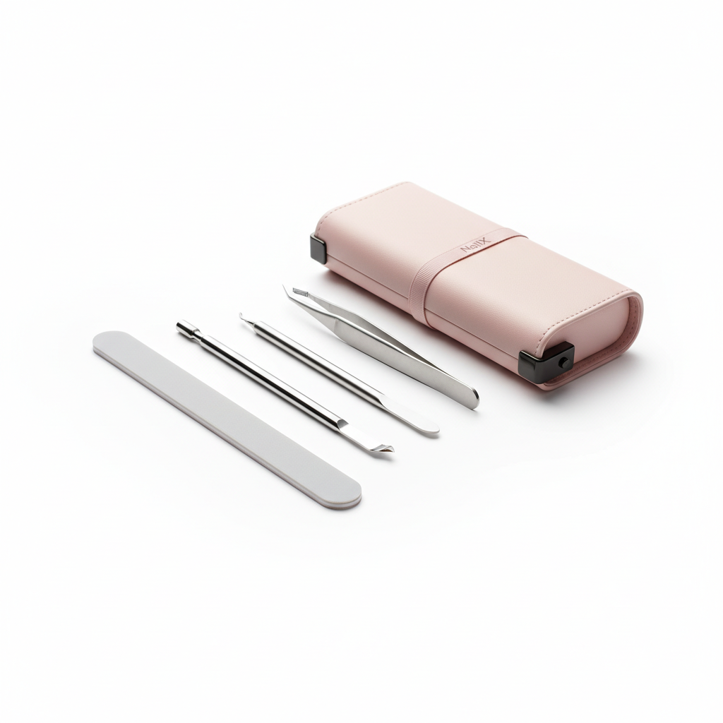 Minimalistische Nahaufnahme von Nagelpflege-Tools auf weißem Hintergrund mit pastellfarbenem Etui und feinen Akzenten in #f57fb6 – Bild zu Nägel bei Herzerkrankungen