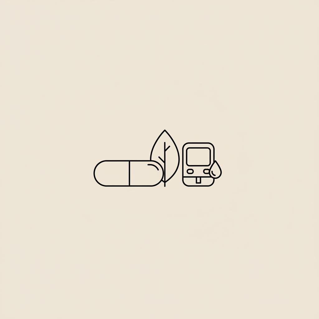 Minimal Tonum-style line illustration of a capsule, leaf, and glucose meter representing supplements and monitoring — what supplement is best for lowering blood sugar