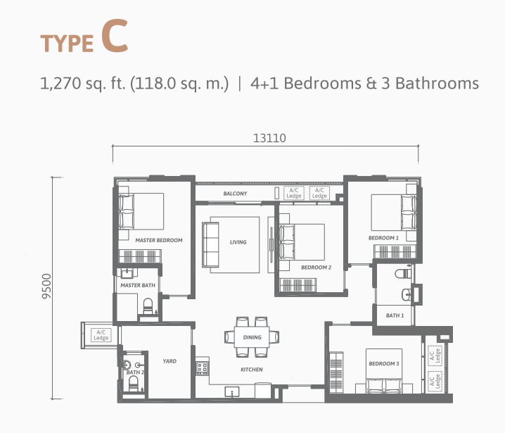 Ren Residence Type C floor plan — 1553 sq ft, 4 bedrooms