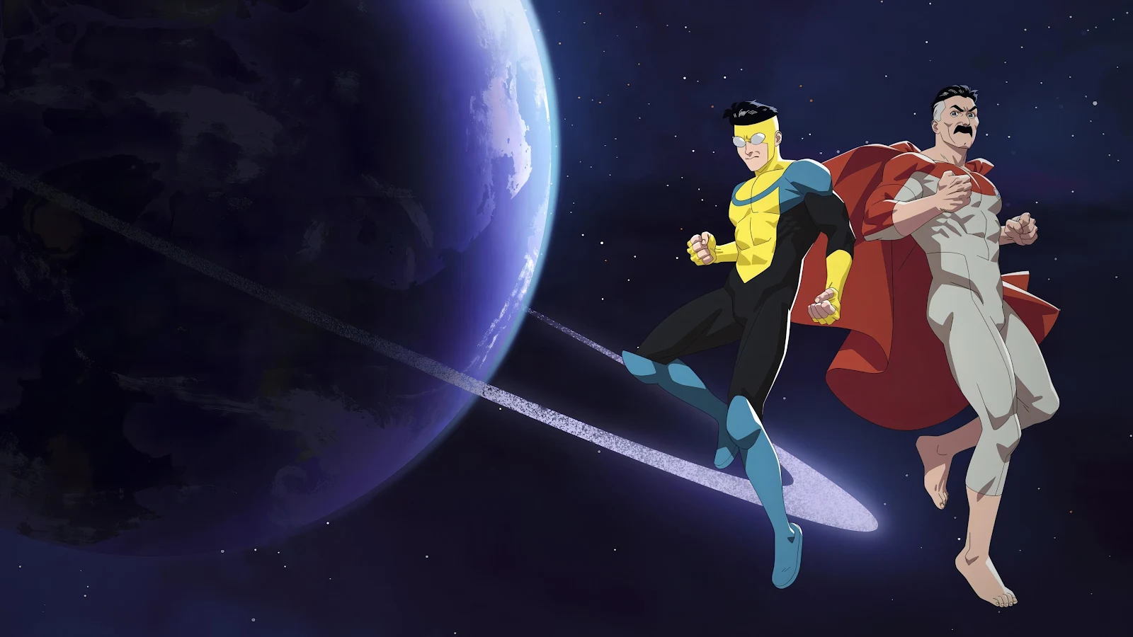 Invincible And Omni Man In Space - Animated Illustration 4K Wallpaper (3840x2160)