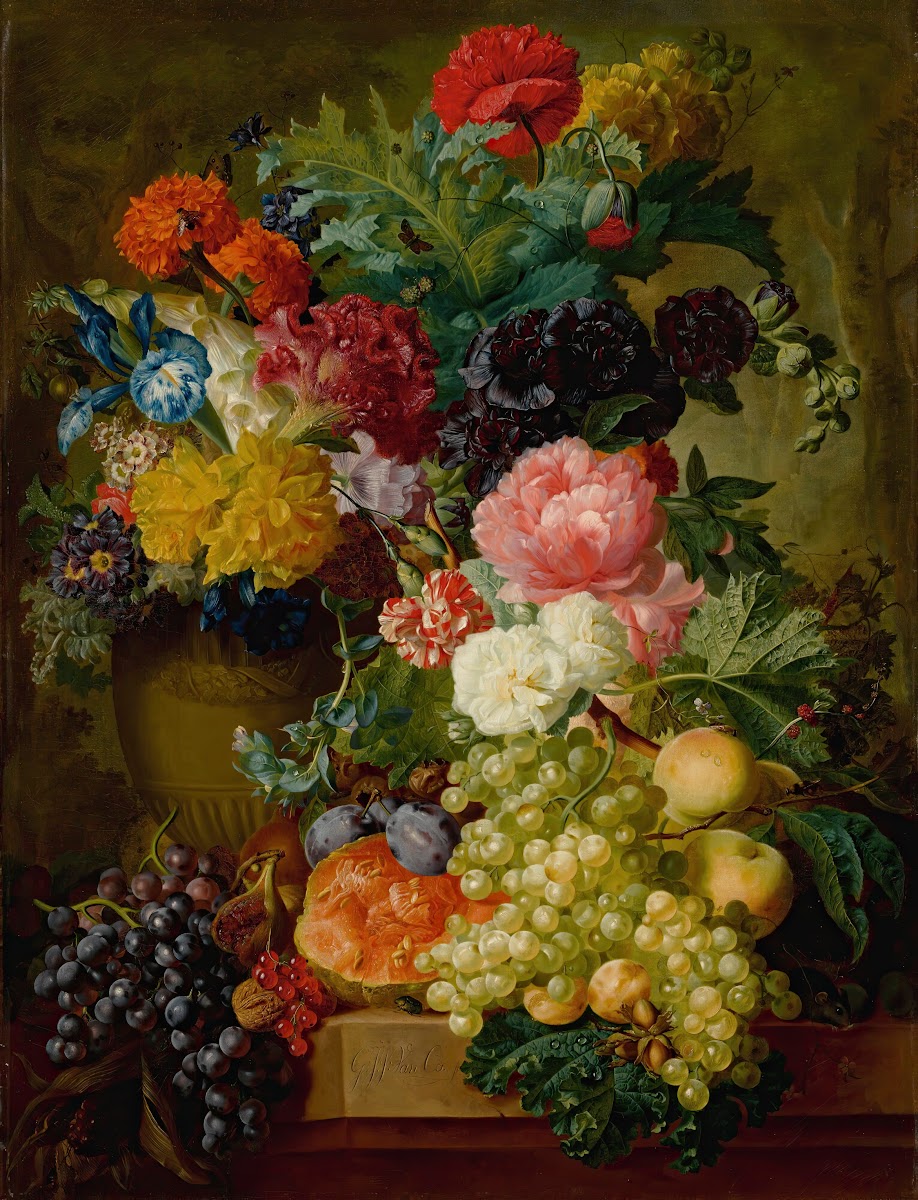 Elaborate Still Life Of Flowers And Fruit Resting On A Stone Ledge A Wooded Land