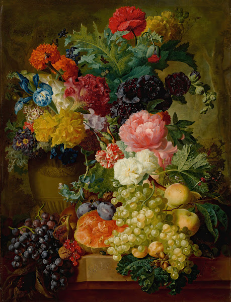 Elaborate Still Life Of Flowers And Fruit Resting On A Stone Ledge A Wooded Land