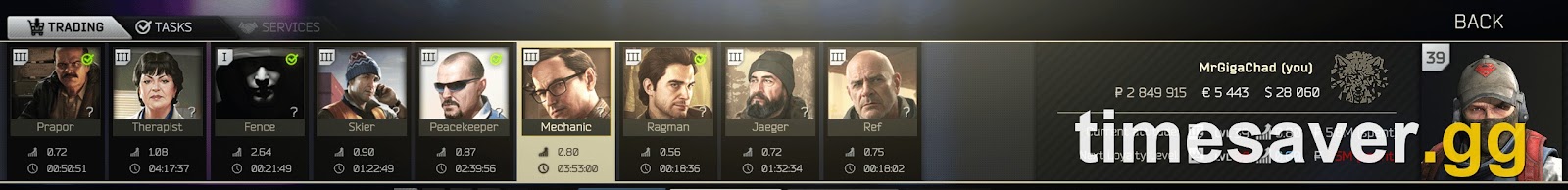 A Tarkov trader screen showing the next loyalty level requirements — level, reputation and roubles spent — for loyalty level 4 in PvE