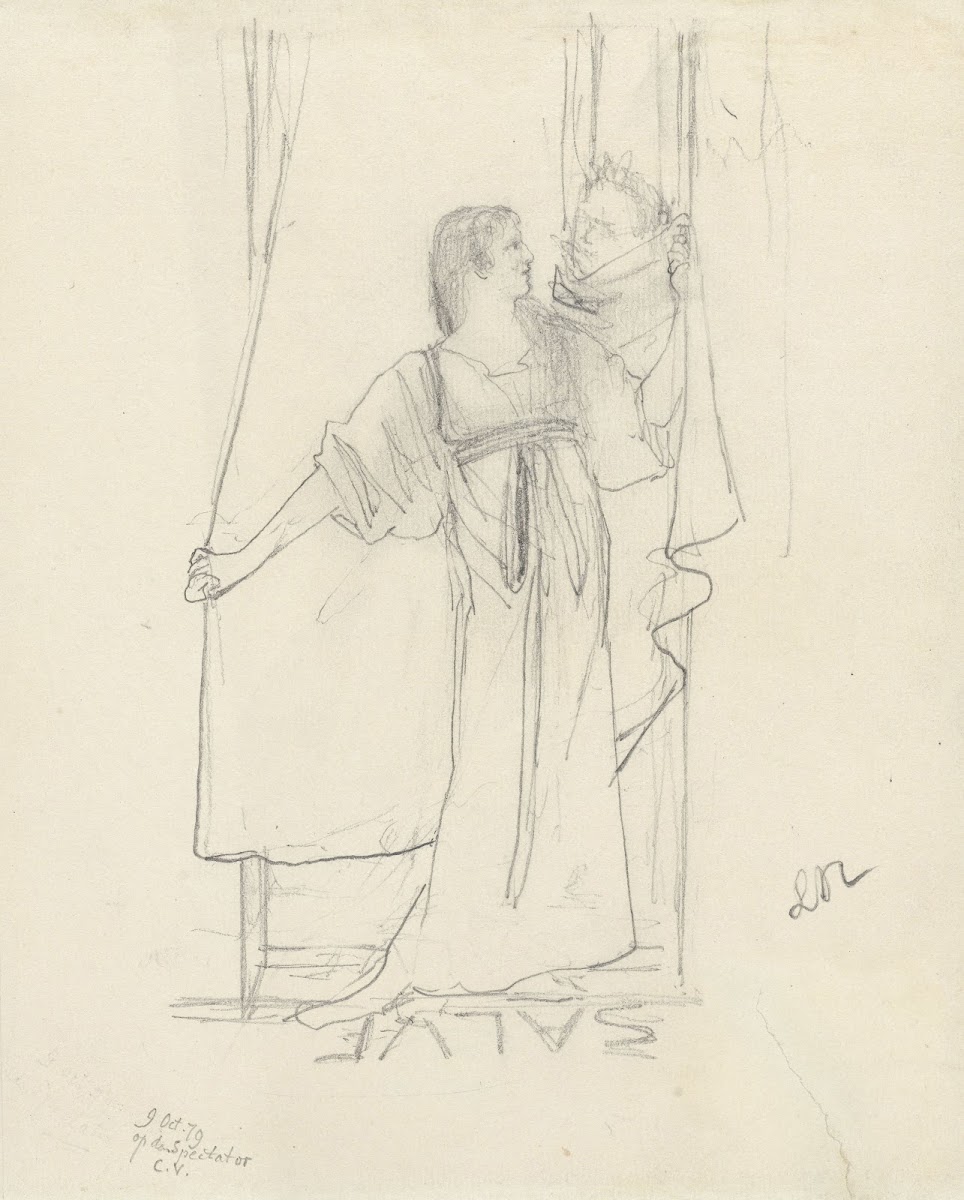 Staande vrouw sprekend met man achter gordijn 1879