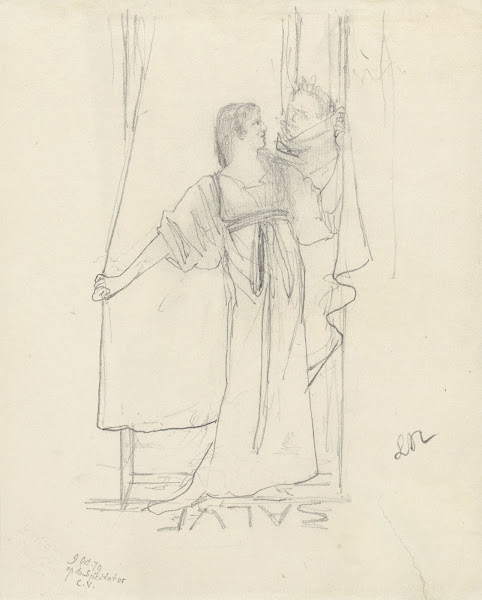Staande vrouw sprekend met man achter gordijn 1879
