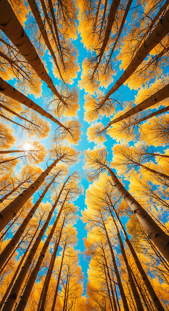 Low Angle View Golden Aspen Canopy Bright Blue Sky - Free mobile Wallpaper