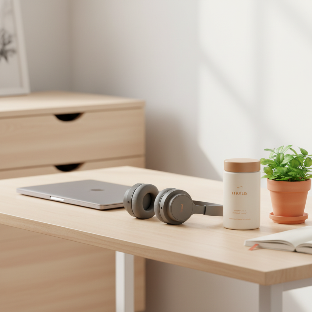 Minimalist desk nook with closed laptop, noise-cancelling headphones, small recovery drawer and Tonum Nouro jar beside a potted plant, illustrating deep ADHD shutdown recovery.
