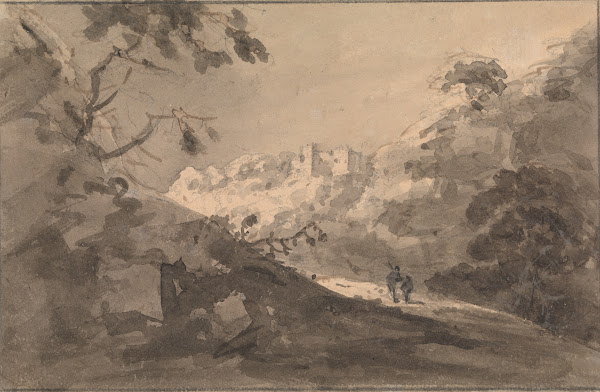 Two Figures on a Road with Castle in Center Distance between 1745 and 1748