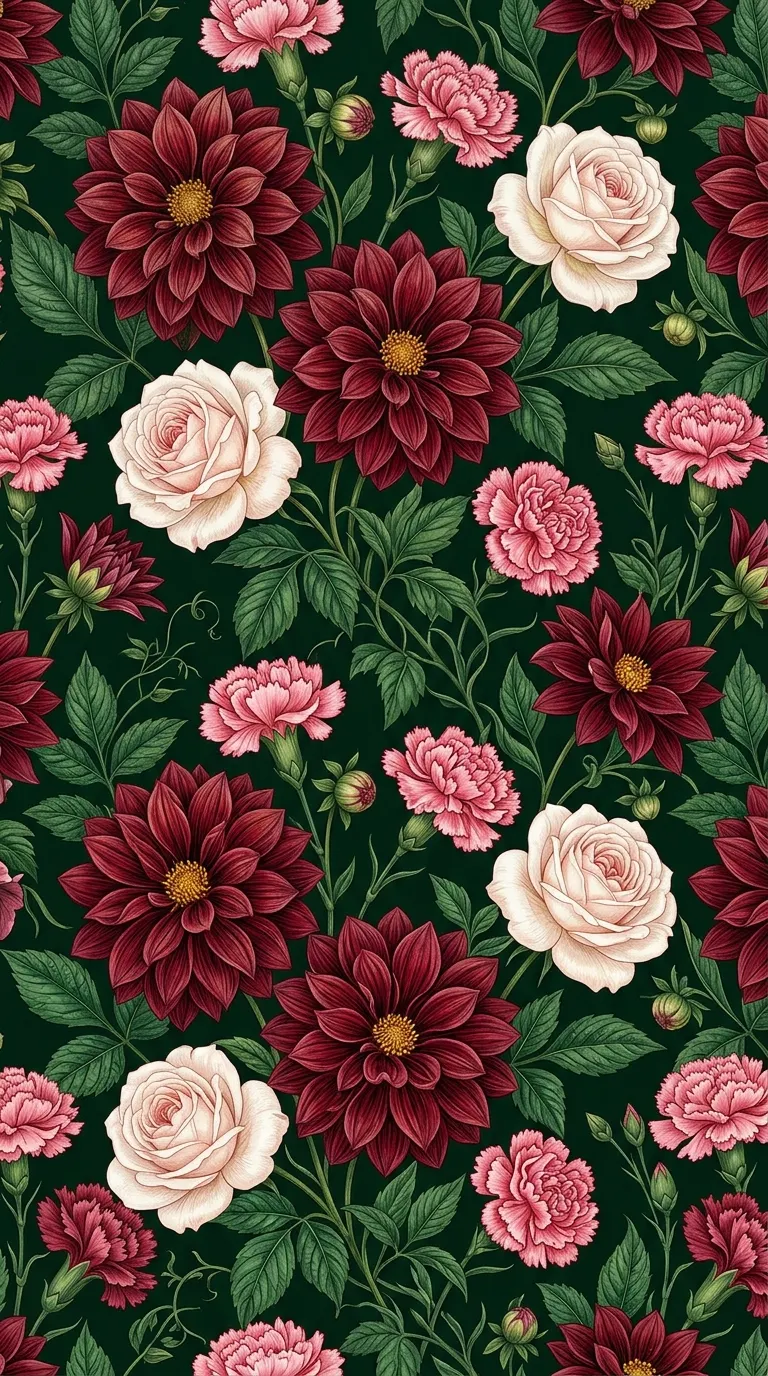 Vintage Floral Pattern with Burgundy Dahlias and White Roses - Free 4K mobile Wallpaper