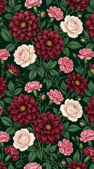 Vintage Floral Pattern with Burgundy Dahlias and White Roses - Free mobile Wallpaper