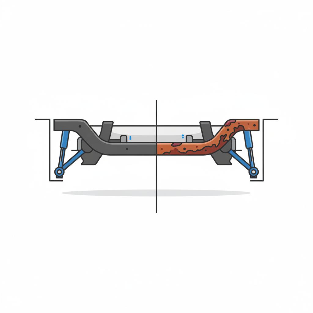 Minimalist 2D vector underbody comparison showing a clean frame rail beside a corroded rusted frame rail on a neutral white background chevy suburban for sale