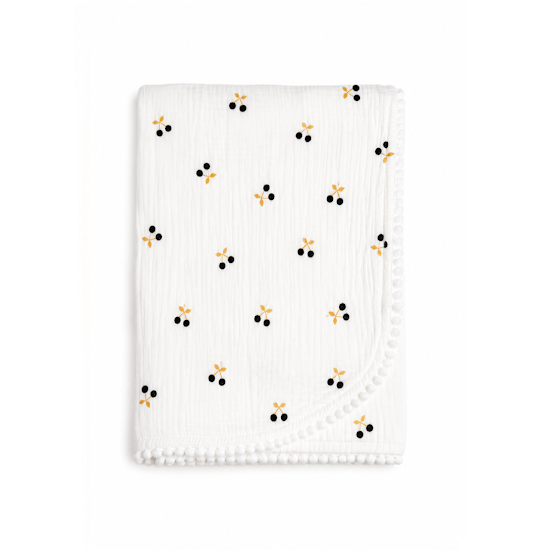 Дитячий плед Twins мусліновий подвійний 110х80 2-х шаровий з помпонами white/cherry