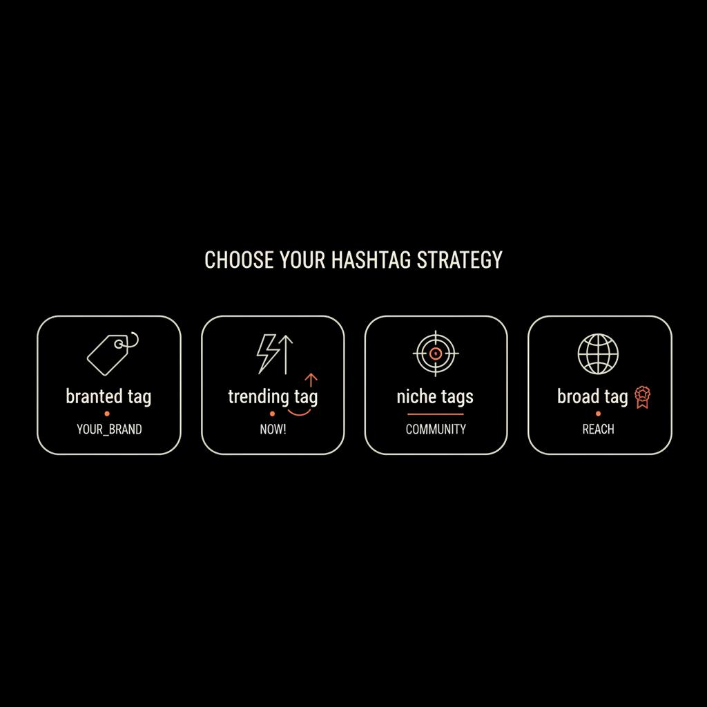 Minimal infographic showing a four-part hashtag mix for viral reels hashtags: branded, trending, niche, broad on a black background with vector icons and #dc5c2b highlights