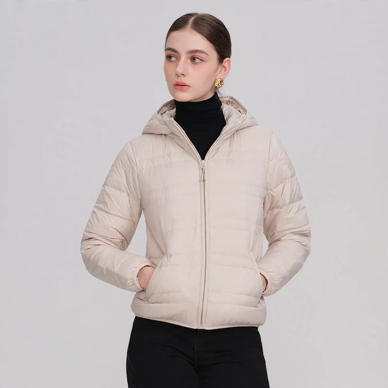 Light down jacket for women, hood, 90% white duck down