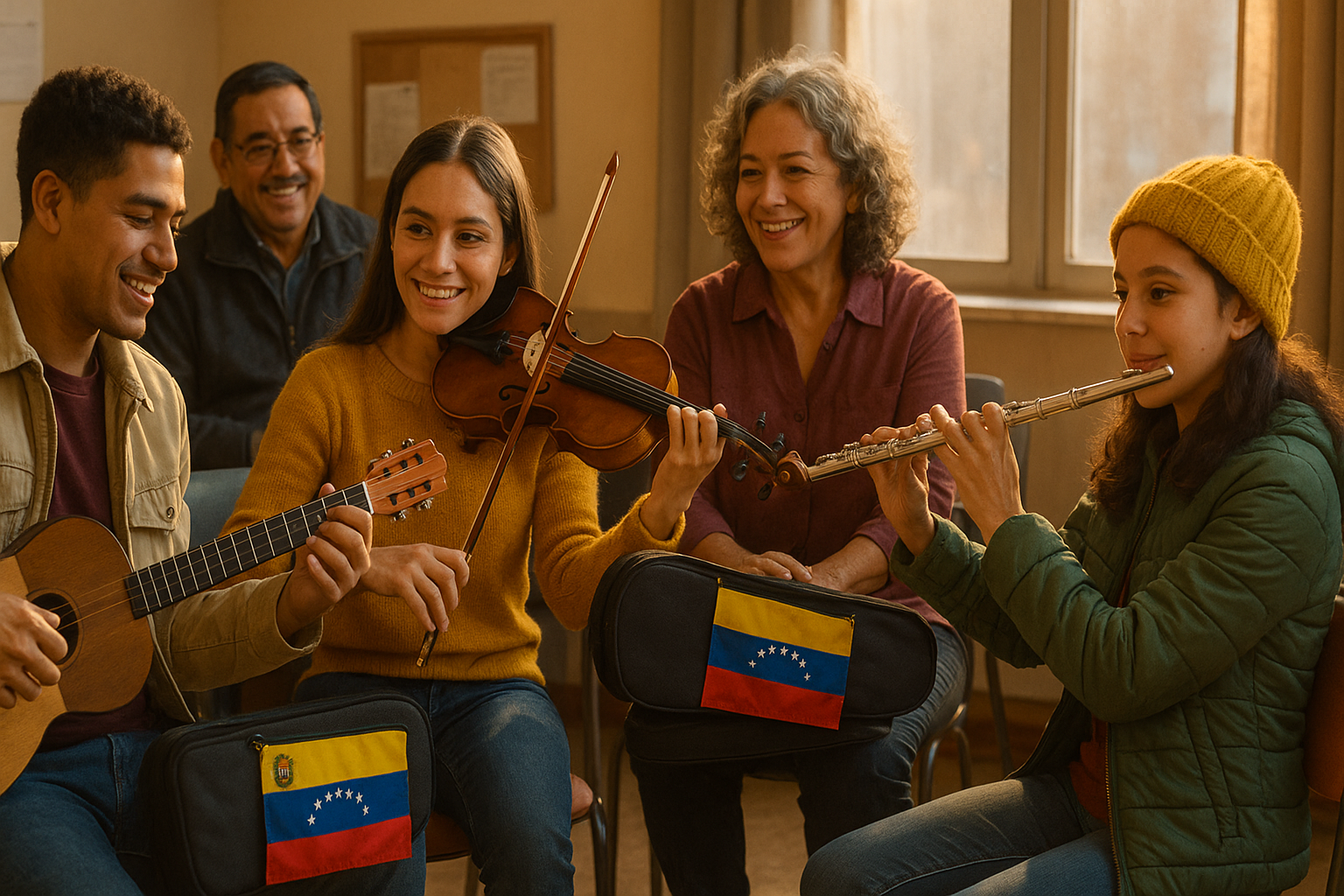 Músicos venezolanos ensayando en un centro comunitario con un cuatro y violines.