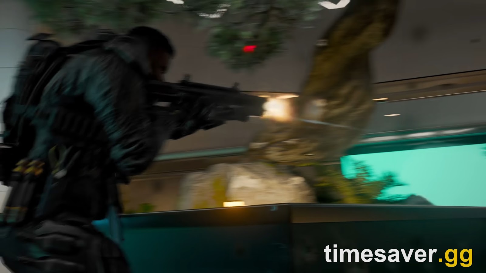 BO7 close-quarters gunfight — an operator firing a rifle indoors with a muzzle flash, the point-blank engagement range where the new right-stick requirement decides your aim assist