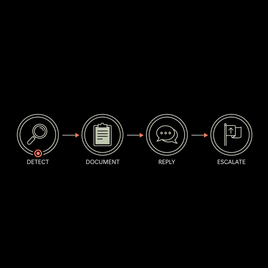 Minimal flat vector workflow diagram illustrating detect, document, reply, escalate steps to respond to an unfair Google review, black background, gray icons and orange accents.