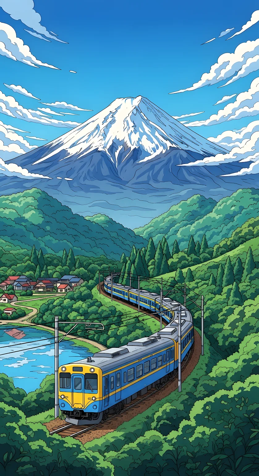 Anime Train Journey Past Mount Fuji in Lush Green Valley