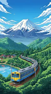 Anime Train Journey Past Mount Fuji in Lush Green Valley