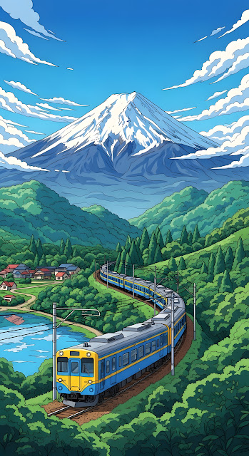 Anime Train Journey Past Mount Fuji in Lush Green Valley - Free mobile Wallpaper