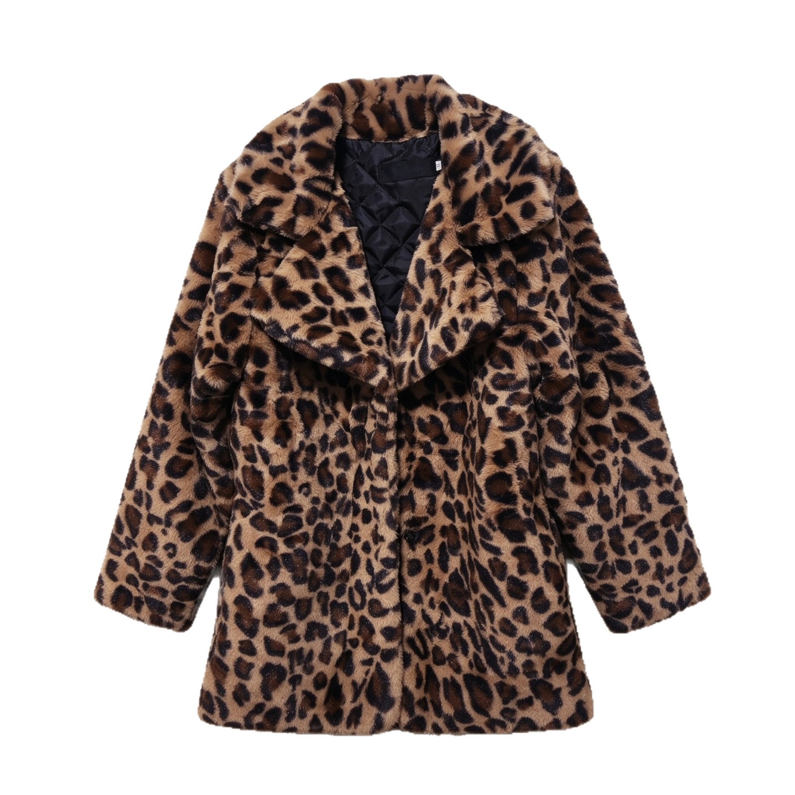 Women's Faux Fur Coat with Leopard Print and Lapel