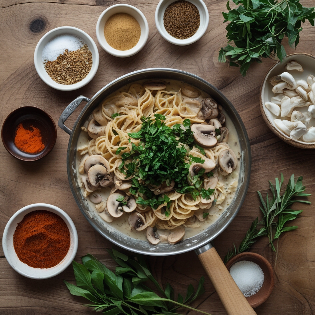 Ingredients for Creamy Tuscan Mushroom Pasta Skillet: A Cozy No Meat Dinner Idea Made Easy