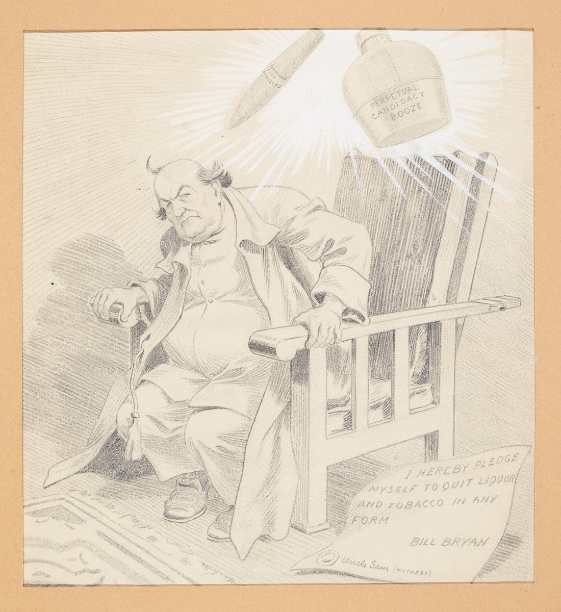 Bill Bryan seated in a chair with a bottle Perpetual booze candidacy