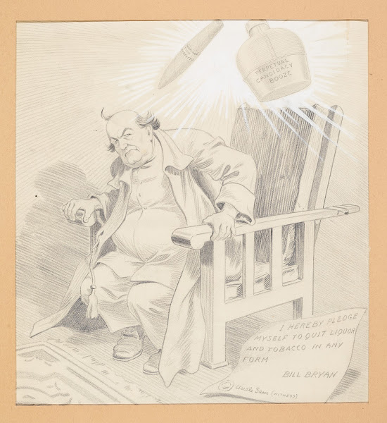 Bill Bryan seated in a chair with a bottle Perpetual booze candidacy
