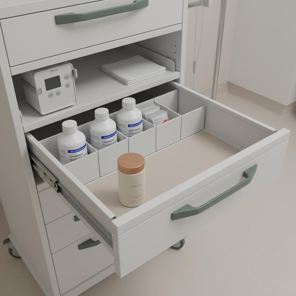 Open hospital nutrition cart drawer showing supplement bottles, an enteral feeding pump, and a Tonum product bottle from the reference photo placed discreetly — hospital meal replacements