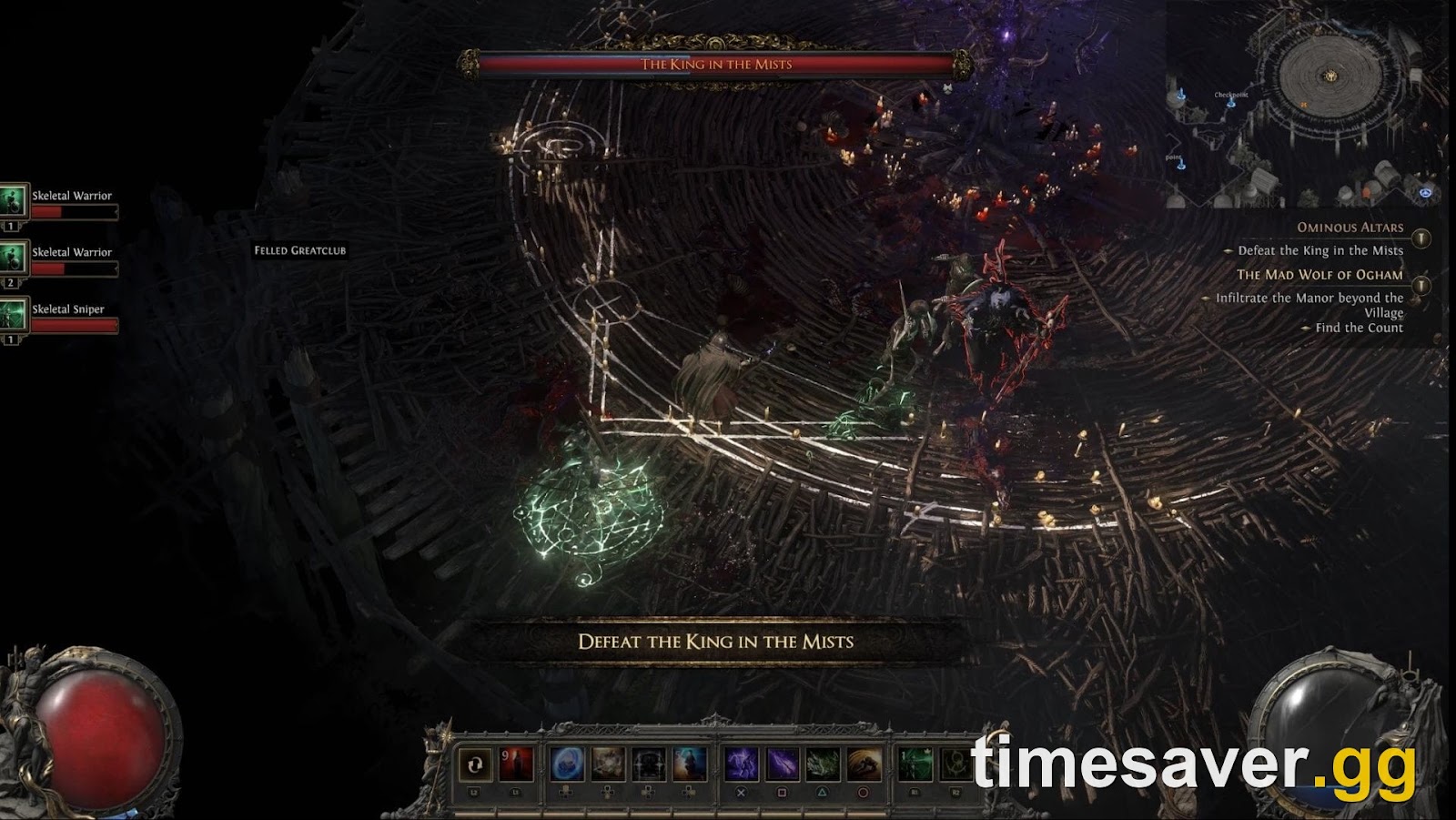 PoE2 The King in the Mists boss encounter — 'Defeat the King in the Mists' — kill him to get the Head of the King and unlock the Rite of the Nameless