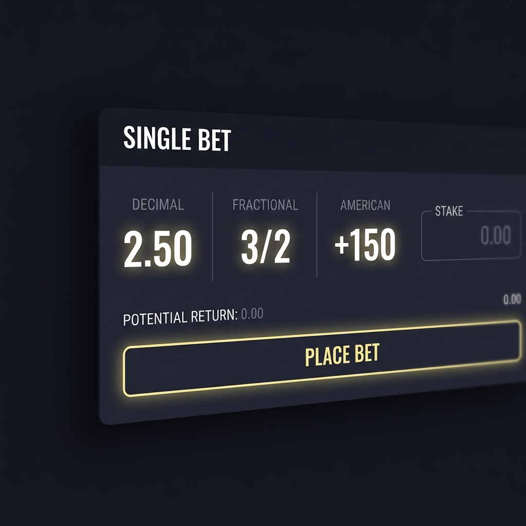 Close up digital bet slip showing decimal fractional and American odds side by side for the same event in a minimalist Funded Plays style interface highlighting fixed odds betting