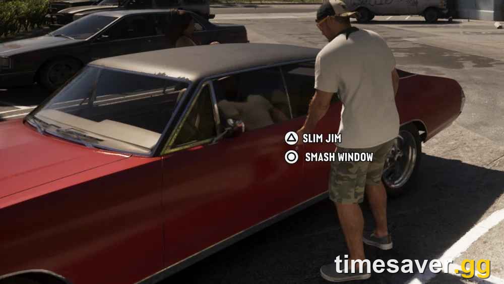GTA 6 character breaking into a red parked car with the on-screen Slim Jim and Smash Window prompt from the new tiered car-theft system