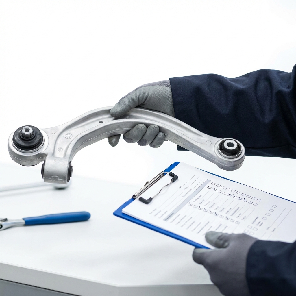 Close up of technician inspecting a BMW suspension component with clipboard showing checkboxes in a minimal white workshop aesthetic bmw for sale near me