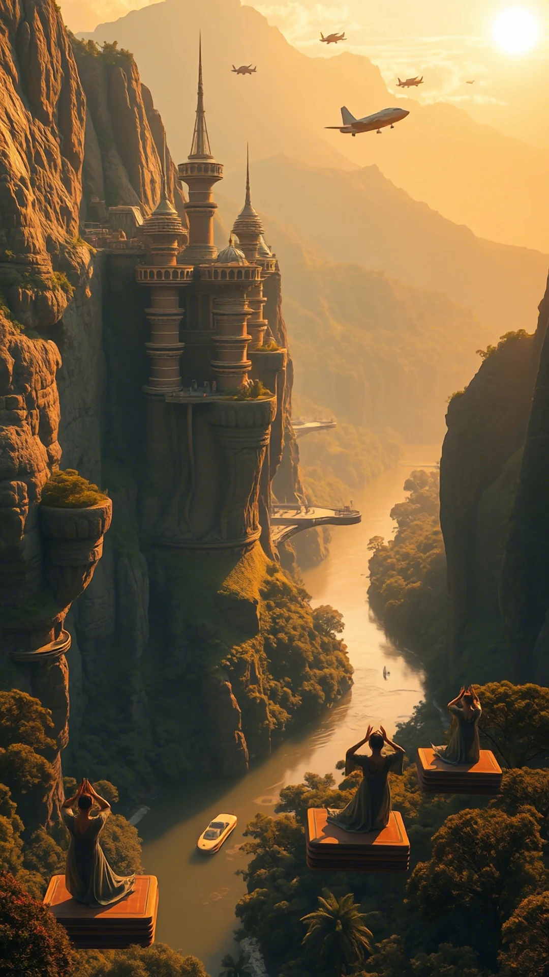Golden Canyon Temple City Flying Platforms Sci Fi Fantasy - Free 4K mobile Wallpaper
