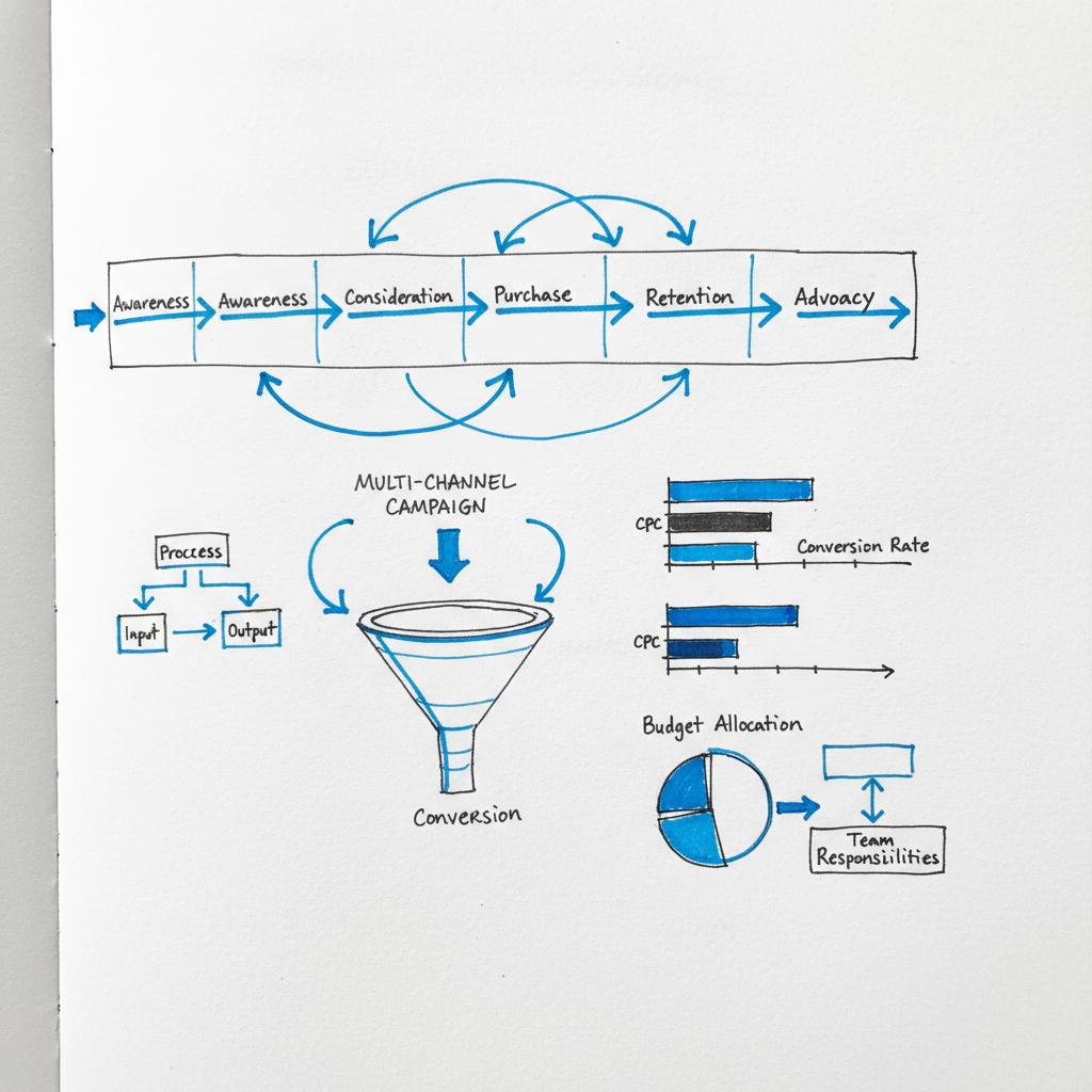 Close-up notebook with hand-drawn customer journey map and bar graphs comparing CPC and conversion rate, accented in #1a5bfb and #39383f &mdash; paid digital marketing ROI