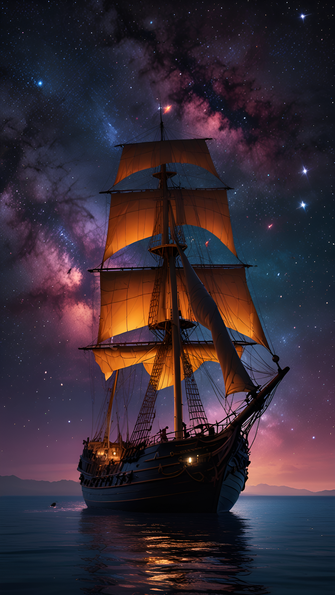 Galleon Sailing Under Vibrant Milky Way Galaxy Night Sky - Free 4K mobile Wallpaper