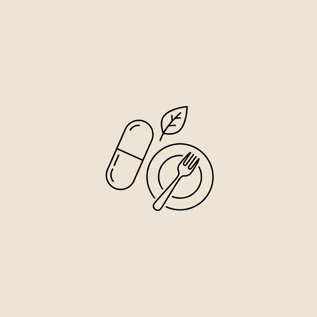Minimal 2D vector line illustration of a CLA capsule, small leaf, and plate with fork on beige background #F2E5D5, thin black outlines, no fill