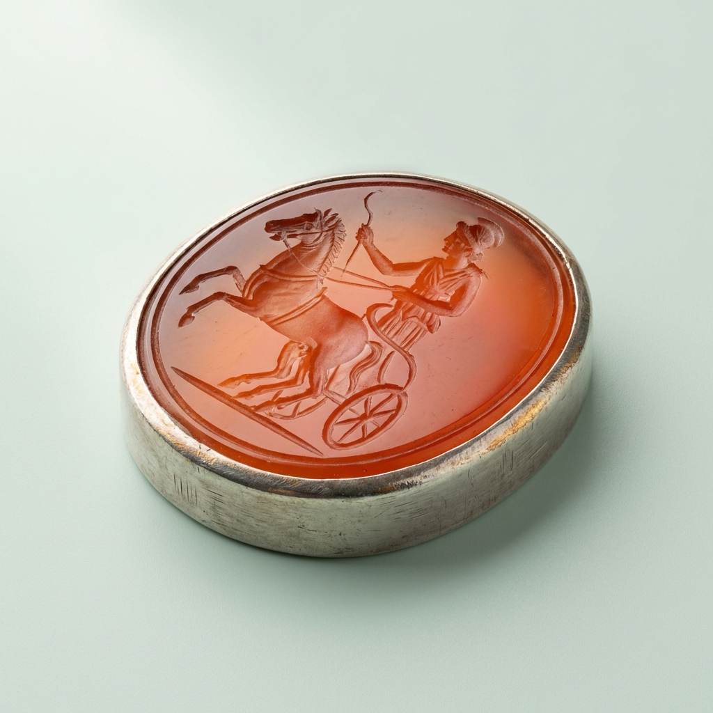 Macro photograph of a carved carnelian intaglio in a silver bezel showing fine engraving lines and bezel seating history of roman jewelry