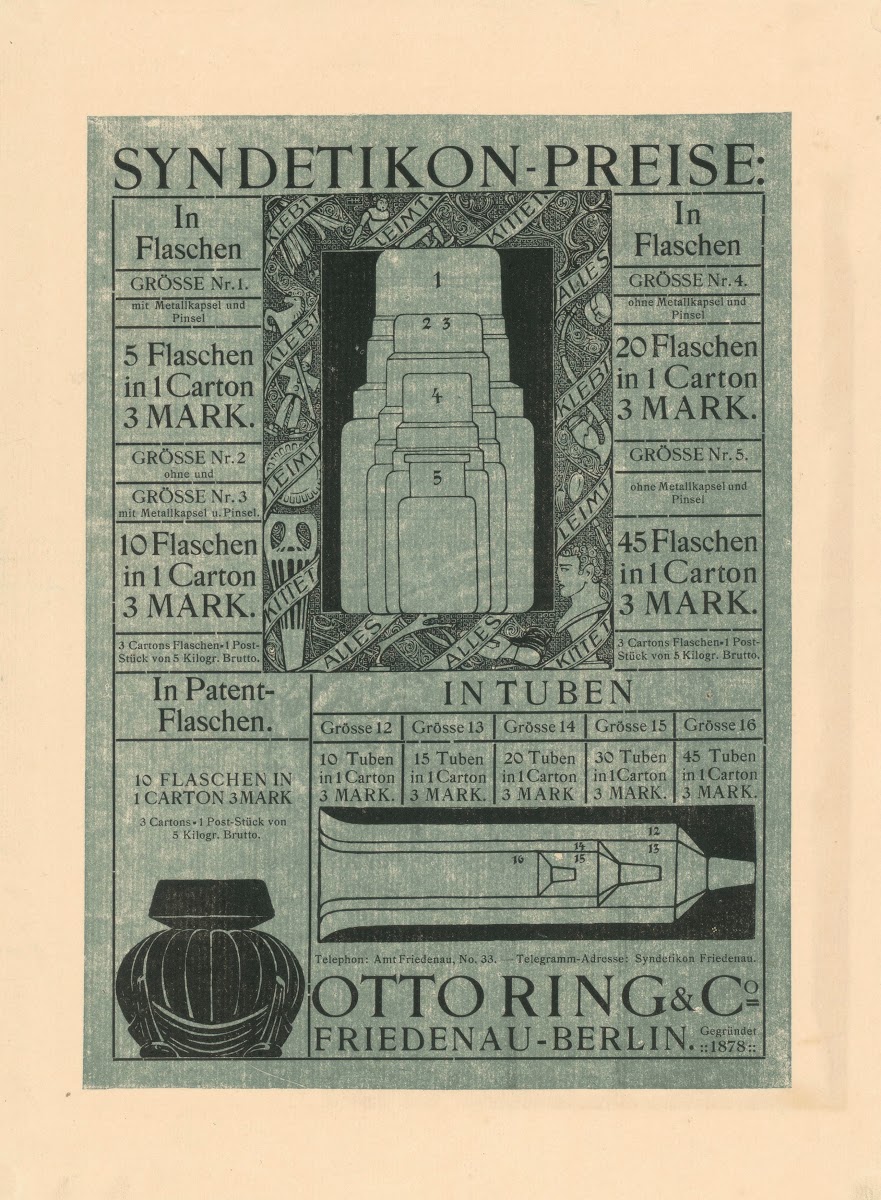 Syndetikon Preise FüR Flaschen Und Tuben Otto Ring  Co Friedenau Berlin 1881   1