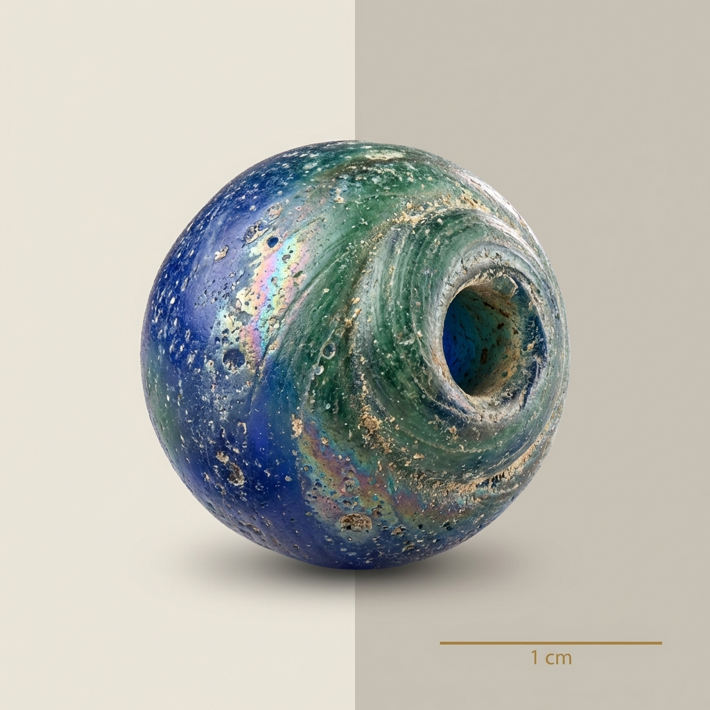 Macro full frame view of a single wound blue green Roman glass bead showing perforation edge and weathered surface with a subtle scale bar roman glass bead necklace
