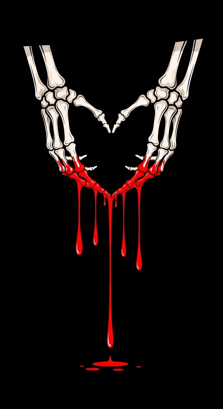 Graphic Illustration of Skeleton Hands Forming a Heart with Dripping Blood on Black - Free 4K mobile Wallpaper
